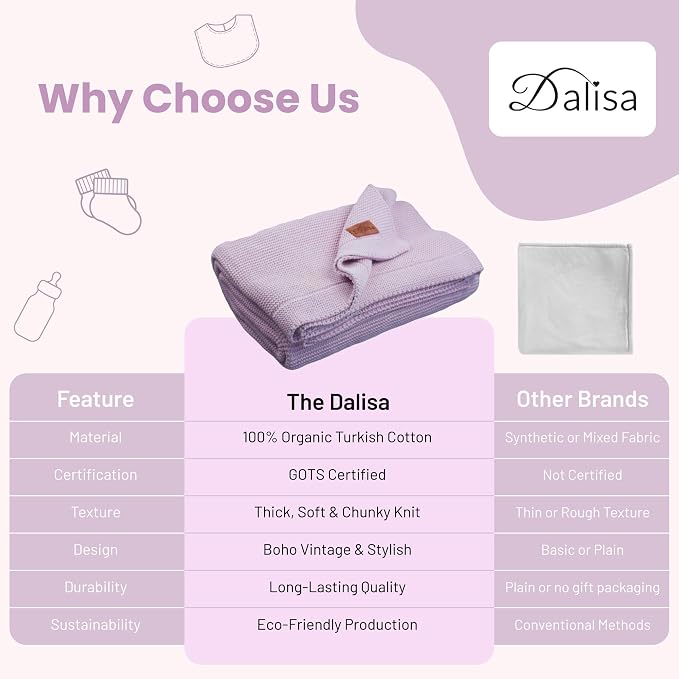 Dalisa 100% Organic Turkish Cotton Throw Blanket Lavender Frost– GOTS Certified, Cozy, with Reusable Cotton Gift Bag – Perfect for Couch, Bed, and Home Decor – Boho Vintage Knit Alina