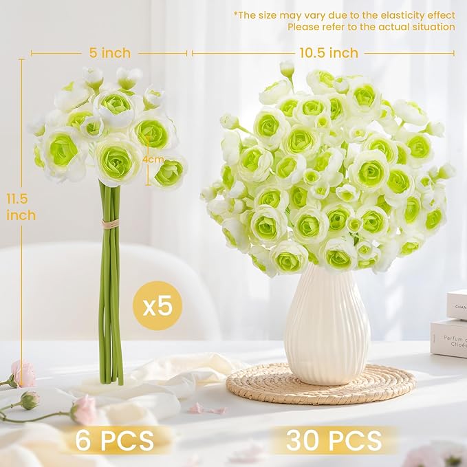 Alupssuc 30Pcs Ranunculus Artificial Flowers Faux Silk Mini Ranunculus, Spring Flowers Artificial Indoor for DIY Bouquets, Bulk Fake Wedding Filler Flowers for Bride Decorations & Arrangements, Green