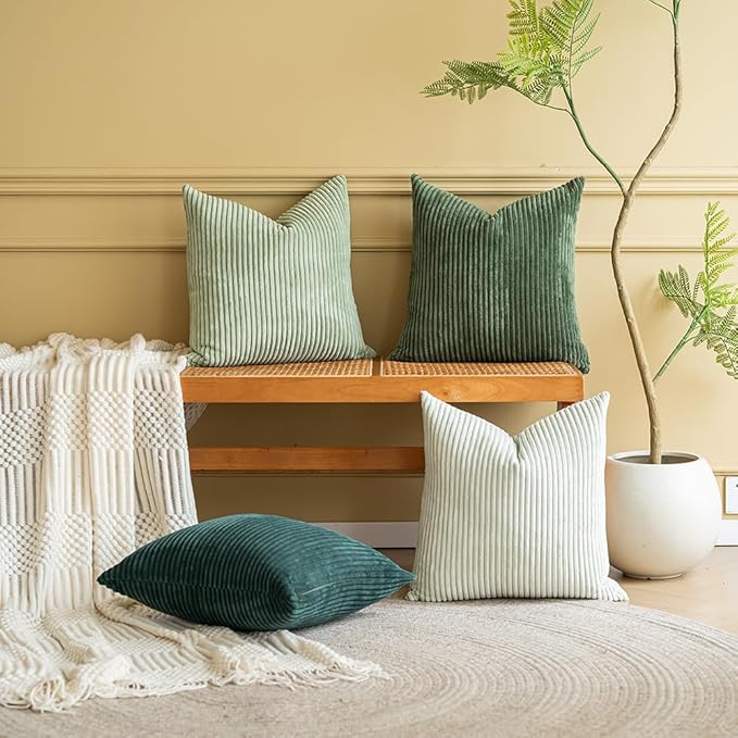 LANANAS Neutral Couch Throw Pillow Covers 18x18 Inch Set of 4 Decorative Sage Green Farmhouse Boho Pillows for Living Room, Couch, Bed, Sofa Soft Corduroy Accent Home Decor (Forest Green, 18x18 Inch)