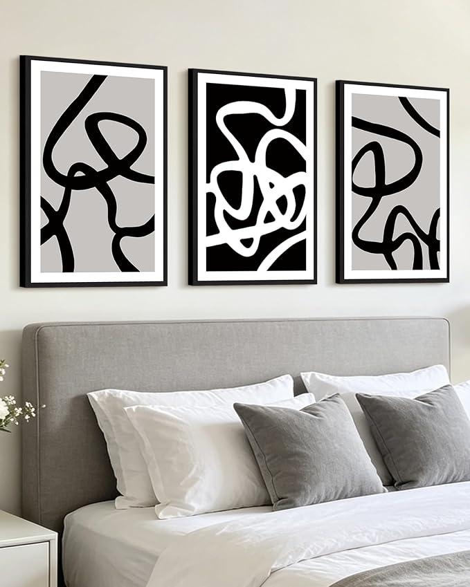 PHOPAGO Black and Gray Abstract Framed Wall Art Large 16x24in Decor Ink Wash Dark Brush Stroke Prints Modern Art Decorative Bedroom Living Room Home Decor - Black Framed
