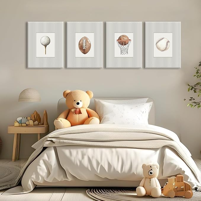 Sports Wall Art Decor Toddler Boys Room Canvas Prints Vintage Sports Nursery Wall Decor Kids Poster Football Baseball Pictures Basketball Golf Painting Artwork for Bedroom 12x16x4 Inch Ready to Hang