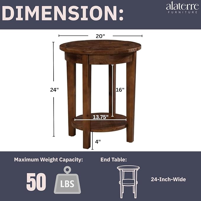 Alaterre Furniture Revive 20 Inch Round End Table with Bottom Shelf for Storage, and Unique Wood Characters - Modern Rustic Living Room Furniture