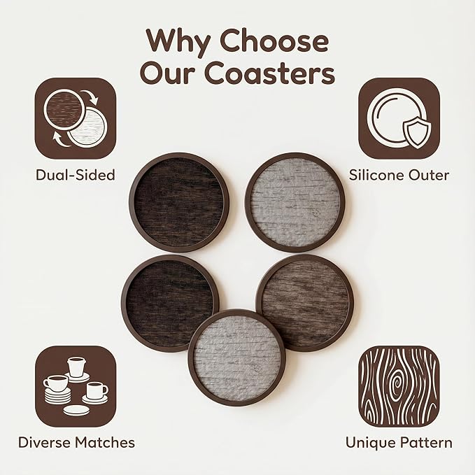 Absorbent Coasters for Drinks with Holder - 6packs, Silicone Coasters with Soft Felt Insert, Dual-Sided 3 Wood-Themed Patterns, Reusable Table Protection Mats for Coffee/Tea/Wine/Cans