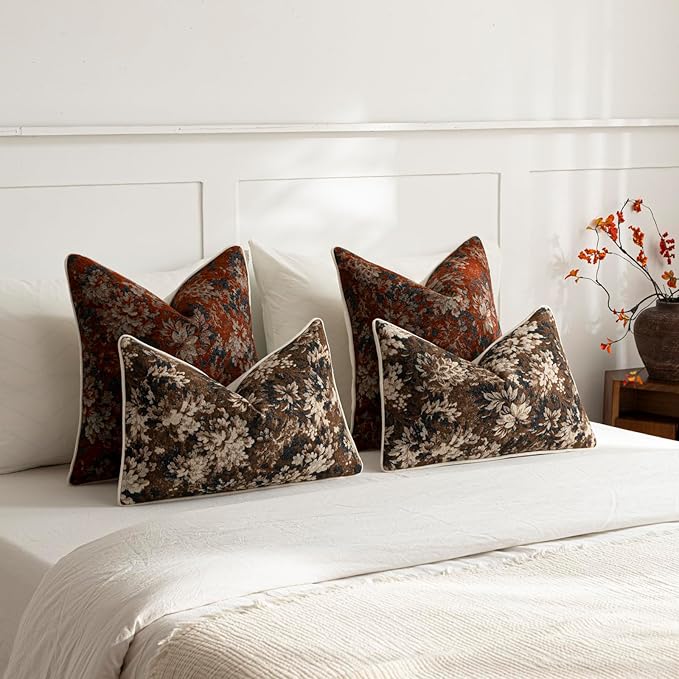 DEZENE Pack of 2 Vintage Floral Throw Pillow Covers 16x16 Boho Farmhouse Accents Chenille Square Decorative Pillow Cases for Living Room Couch Bed Home Decor, Rust