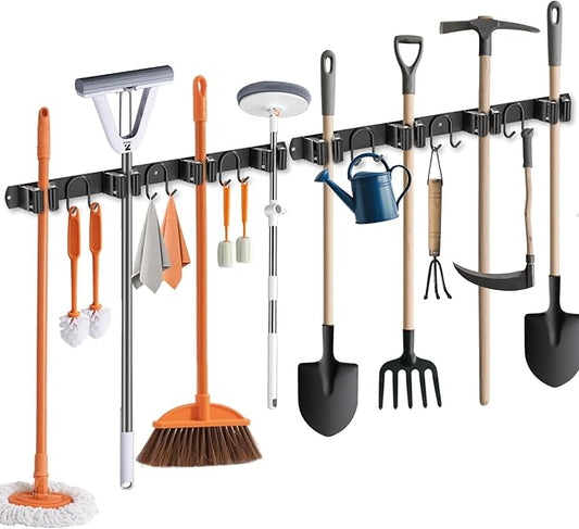Broom Holder Wall Mount, 2 Packs Black Stainless Steel Tool Storage Organizer for Kitchen Garden Garage Laundry Room Bathroom and RV with 4 Slots 6 Hooks