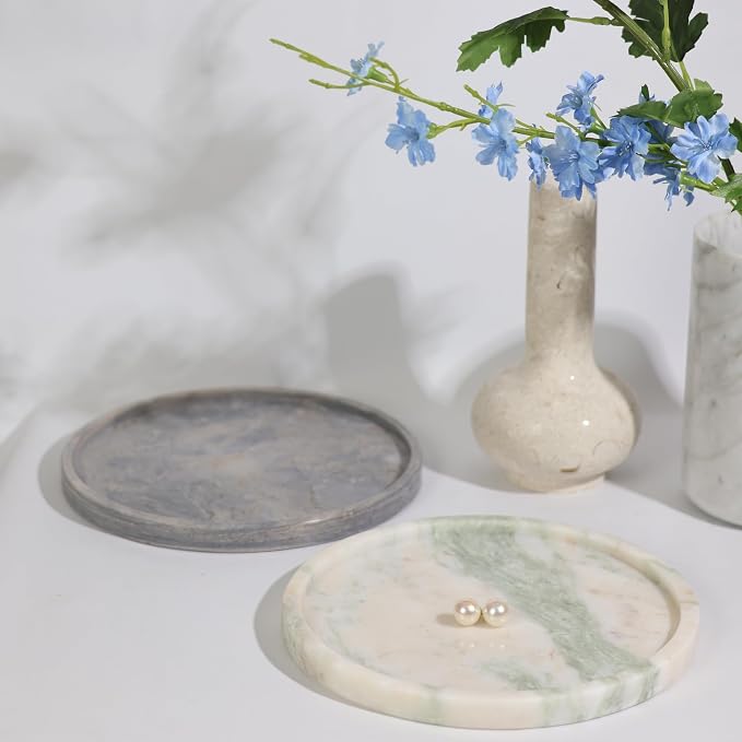 Natural Marble Vanity Tray, Round, 8.3 Inch, with Anti-Slip Pads, for Bathroom, Jewelry, Perfume Display, Coffee Table Decor (piebald)