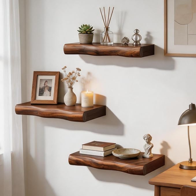 Solid Wood Live Edge Floating Shelves Set of 2 – 12" Rustic Wall Shelf with Hidden Bracket System, Wall Mounted Shelves for Bathroom, Kitchen, Living Room, Bedroom (Walnut)