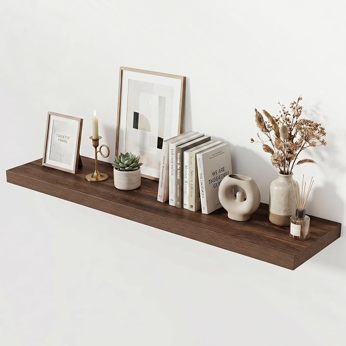 Acovy 48 Inch Floating Shelves for Wall Set of 1,Rustic Wood 12" Deep Wall Mounted Shelves,Floating Shelf with Invisible Brackets for Kitchen,Bathroom,Living Room,Decor & Storage,Walnut