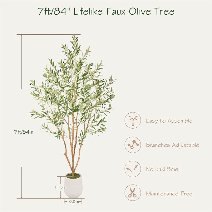 Bellacat 7ft Super Fuller Faux Olive Tree with White Decorative Planter & Multiple Real Wood Trunks, 84in Artificial Olive Tree with Realistic Fruits, Fake Olive Tree for Indoor & Outdoor Décor