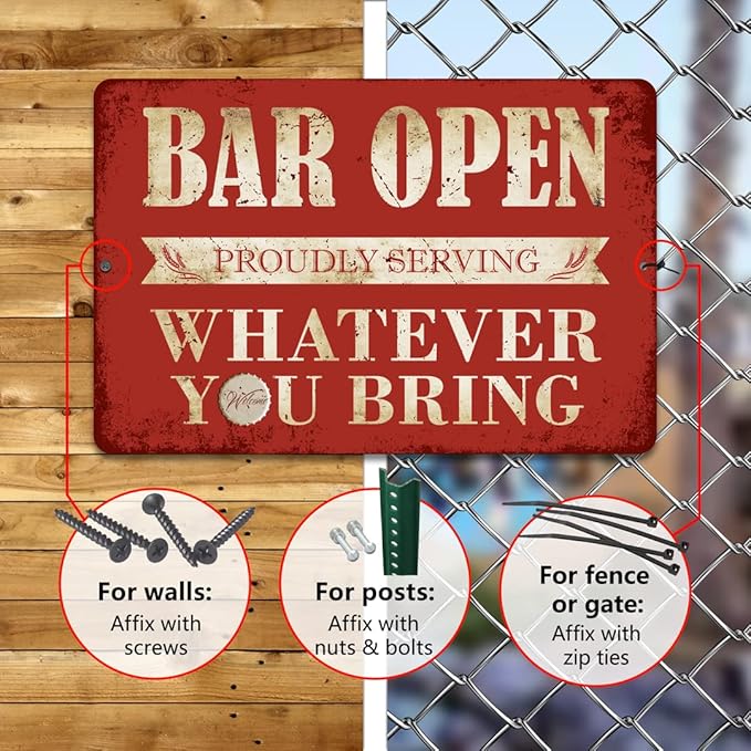 Yniaun Decor Vintage Bar Sign Decor Funny Bar Open Metal Signs for Home Bar Man Cave Decor Gifts - 8 X 12 Inches Indoor & Outdoor - Proudly Serving Whatever You Bring