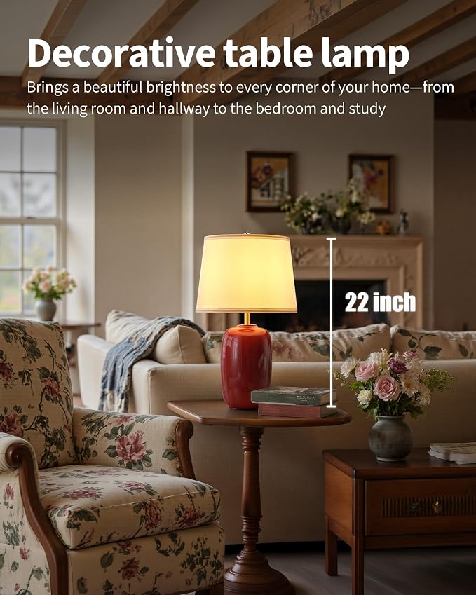 PUSU 22 Inch Red Ceramic Table Lamps Set of 2, Fabric Lampshade Living Room Office Desk lamp, E26 Socket Rotary Switch Lighting for Bedroom, Nightstand, Reading, Office, Study, Corner, Home Decor