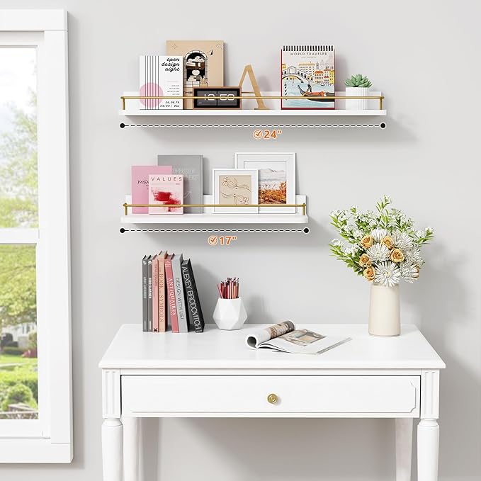 Forbena 24 Inch Bathroom Floating Shelves for Wall Set of 3, Gold Bathroom Shelves Over Toilet Wall Mounted with Rail, Decorative Hanging Shelf for Bedroom Office Living Room Decor (White and Gold)