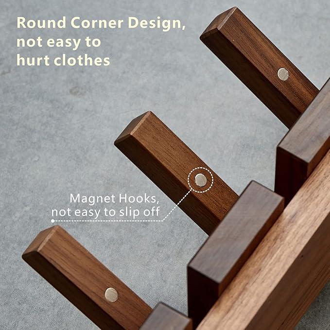 Wood Coat Rack Wall Mount - Large Walnut Piano Coat Rack wtih 5 Hooks for Hanging Clothes,Keys,Robes,Purse,Towels,Modern Decorative Wall hooks Heavy Duty Hanger Organizer for Bathroom/Bedroom/Entryway