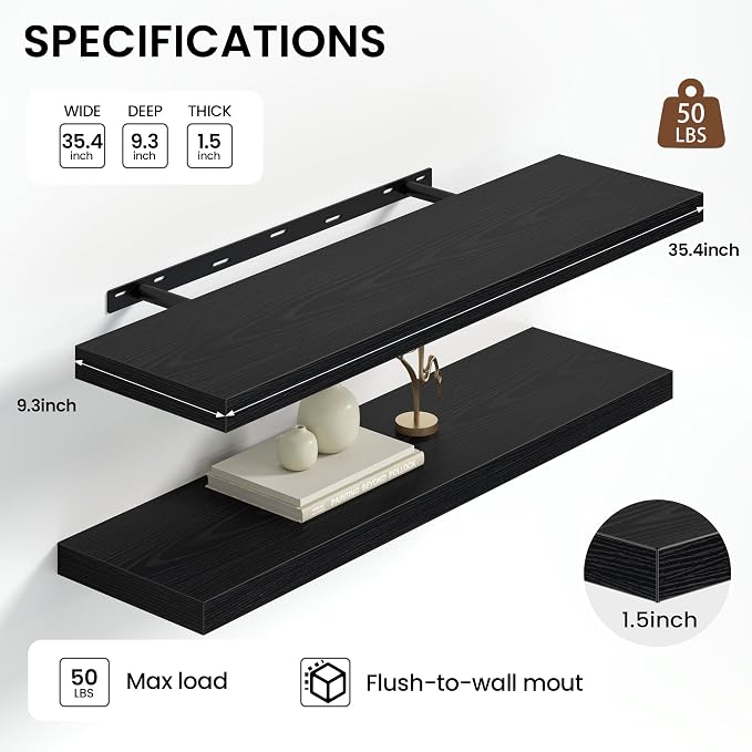 Heimlove Floating Shelves for Wall 36 Inches Long,9.3" Deep Black Floating Shelf Set of 2,Wall Mounted Shelves for Bathroom Bedroom Living Room Kitchen Office,Shelf for Books Storage,Home Decor