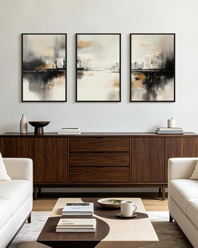 PHOPAGO Black Gray Abstract Landscape Framed Wall Art Large 16x24in Brown Tan Neutral Wall Decor Minimalist Modern Illustrations Prints Bedroom Home Decor - Black Framed