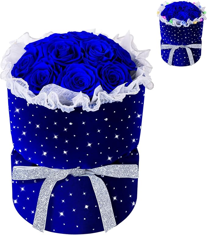 Forever Blue Roses Bouquet Preserved Flowers with Lights for Delivery, 100% Real Immortal Eternal Flower with Rhinestones in Velvet Box,Birthday for Her Mom Women Wife Girlfriend