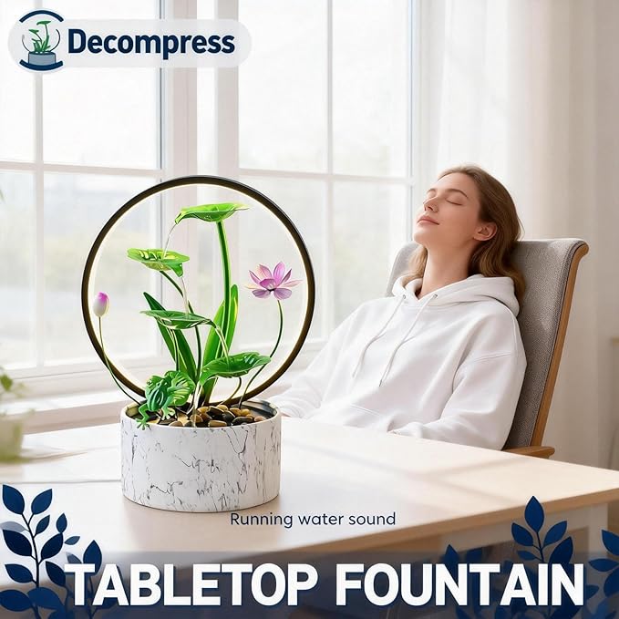 Qingyinge 15‘’H Green Small Water Fountain Indoor, Metal LED Light Relaxation Tabletop Fountain, for Meditation Yoga Spa Room Decor.