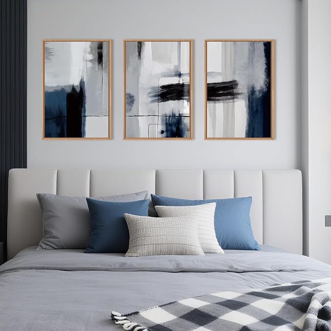 DRACIT Large Abstract Navy Blue Color Block Framed Canvas Print Wall Art Set,Gray White Modern Neutral Brush Strokes Wall Decor,Minimalist Blue Toned Geometric Line Artwork for Living Room,Bedroom-16"x24"x3