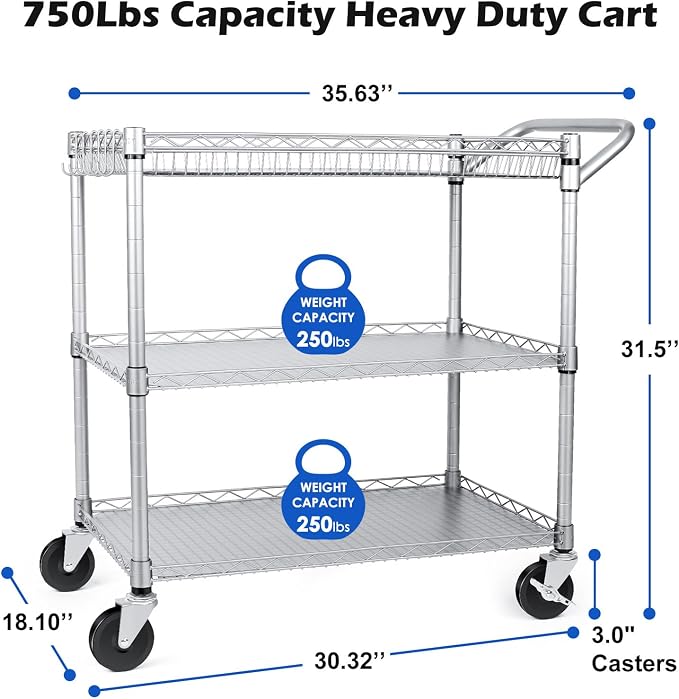 WDT Heavy Duty 3 Tier Utility Cart,Wire Rolling Carts with Wheels, Commercial Grade Service Cart with Shelving Liners and Handle Bar Metal Carts for Kitchen Office Hardware