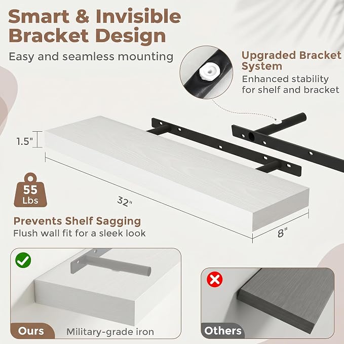 32 Inch Floating Shelves for Wall, 8"D Wood Storage Shelves, White Finish | Engineered Wood, Invisible Bracket, Large Storage, Easy Install, Hold Up to 55lbs, Living Room, Bathroom, Bedroom, Kitchen