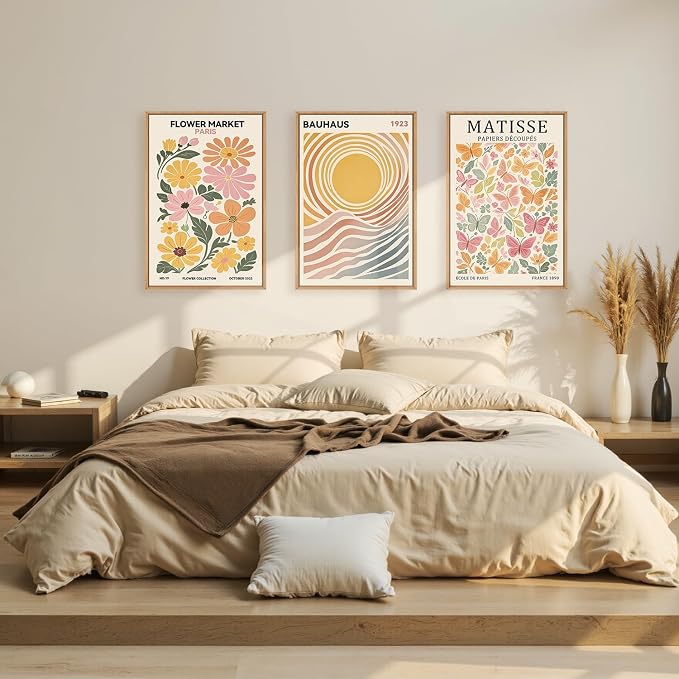 Ausril Boho Flower Market Framed Canvas Wall Art Set, Matisse Floral Wall Decor, Abstract Botanical Wall Painting, Nature Floral Illustration Art Prints for Living Room, Bedroom, Office 24"X36"X3