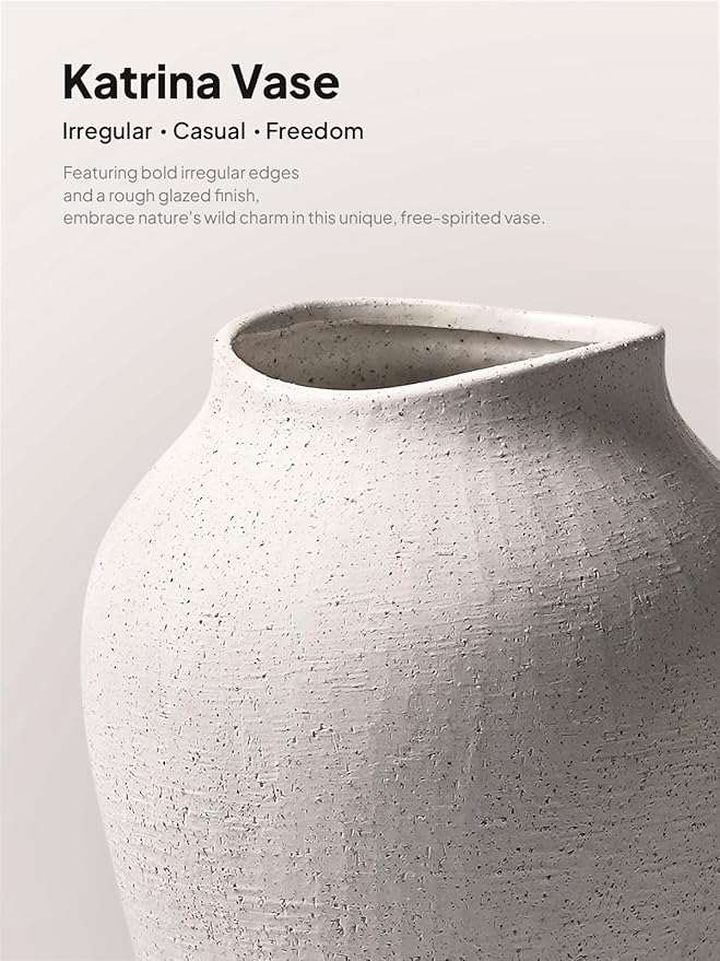 White Ceramic Vase - Large 13.6 Inch Tall Floor Vase for Centerpieces, Farmhouse Flower Vases, Rustic Minimalist Home Decor for Living Room, Enterway, Wedding (Sandstone White)