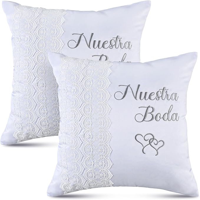 Mixweer 2pcs Wedding Embroidered Kneeling Pillows Nuestra Boda 18 x 18 Inch Embroidered Prayer Pillow Satin and Lace Kneeling White/Silver, Cojines para Boda, Decoracion (Left, Lace)