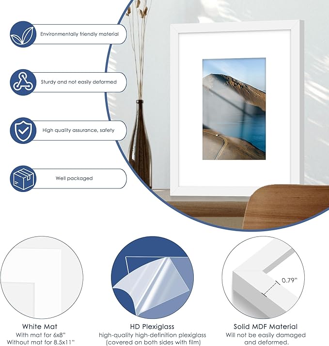PEALSN 8x10 Picture Frame Set of 6, Display Pictures 5x7 with Mat or 8x10 without Mat for Wall Mounting or Table Top Display, Photo Frames Collage for Wall Decor, White.