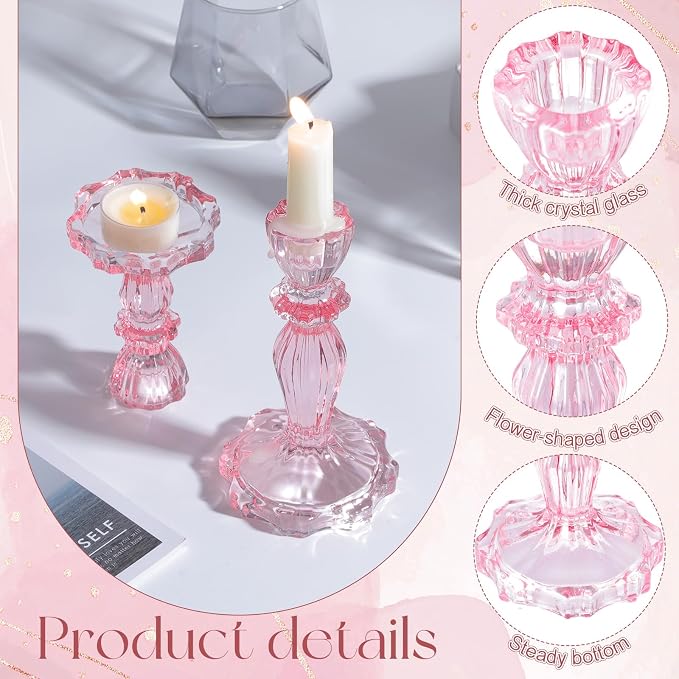 24 Pack Glass Candlestick Holders Set 4.3/6.1'' Taper Stripe Candle Holder Bulk Floral Shape Crystal Decorative Candle Stand Centerpiece for Table Wedding Dining (Pink)