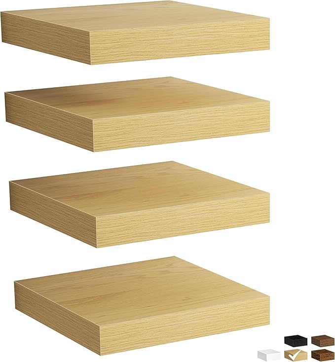 Fun Memories Rustic Wood Floating Shelves for Wall, Space-Saving Wall Mounted Shelves for Bathroom, Bedroom, Living Room and Kitchen, Stylish Storage & Display (Set of 4, Oak, 9.3 in)