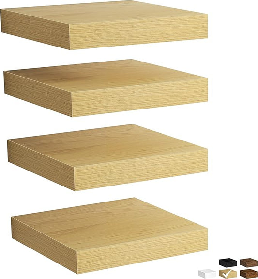 Fun Memories Rustic Wood Floating Shelves for Wall, Space-Saving Wall Mounted Shelves for Bathroom, Bedroom, Living Room and Kitchen, Stylish Storage & Display (Set of 4, Oak, 9.3 in)