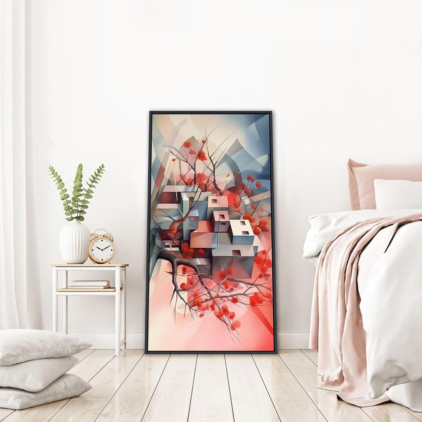 QZQCBLC Abstract Canvas Wall Art, Pink Geometry Ultra Modern Gallery Wall Pictures Grey Tree House Canvas Paintings Framed Artwork for Living room Bedroom kitchen Bathroom Home Decor 20x40 IN