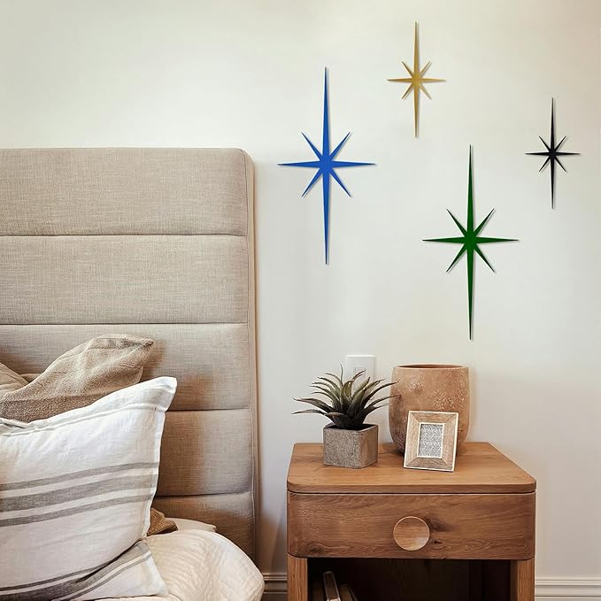 4 Pack Metal Star Wall Art 8 Pointed Starburst Wall Decor Set with 2 Large & 2 Small Pieces Mid Century Celestial Metal Wall Sculpture for Bedroom Living Room Office Gallery Wall