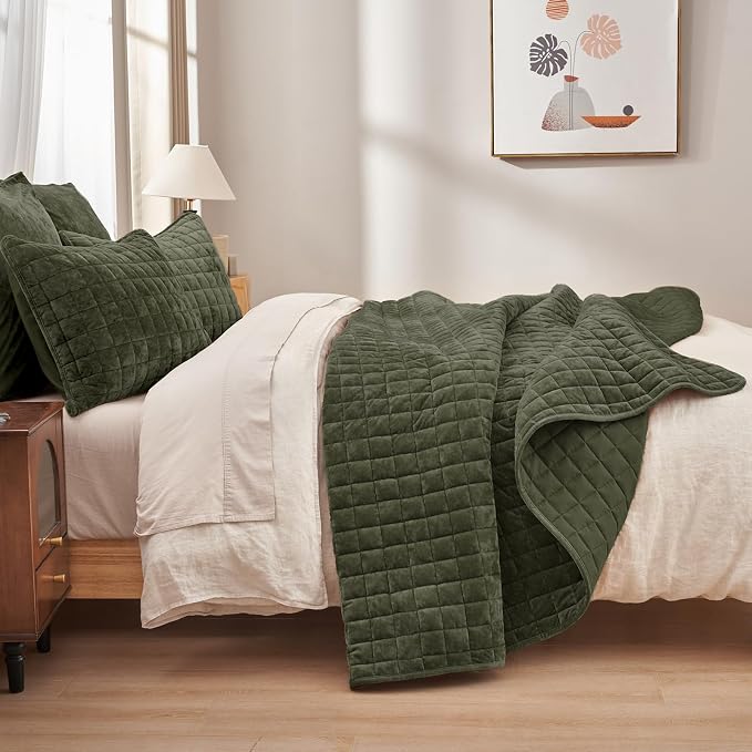 PHF Luxurious Velvet Quilt Set Queen Size – 3PCS Super Soft Quilted Comforter Alternative with Square-Box Quilt Pattern, Warm Quilted Bedspread Coverlet, 90" x 92", Smokey Olive