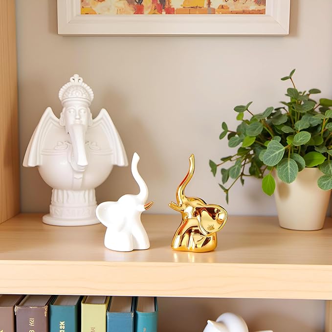 Home Decor Elephant Statues,1 Pair, Small Decorative Accents for Shelves, Livingroom and Bedroom, Gold and White