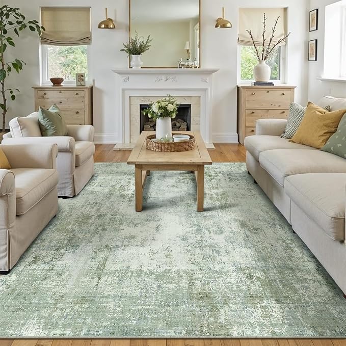 8x10 Washable Area Rug Sage Green Abstract Non Slip Soft Low Pile Rug for Living Room Bedroom Dining Room Office Neutral Modern Indoor Large Throw Carpet for Home Decor