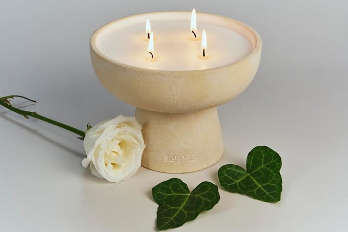 Blueme Renew Candle | Ivy & Rose | 4 Wick - Refillable Wellness Candle with Essential Oils, Hand Finished & Poured Soy Wax Blend Ceramic Vessel, Natural Cotton Wicks | Large 24 oz