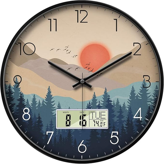 14 Inch Wilderness Sunset Wall Clock, Silent Non-Ticking Battery Operated Analog Clock with LCD Date, Day & Temperature Display, Modern Wall Clock for Living Room, Home Office, Bedroom, Farmhouse