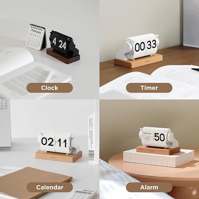 mooas Automatic Mini Flip Clock, Retro Vintage Automatic Flip Desk Clock, Timer Calendar Alarm, Snooze, Desk Clock Large Number USB-C Rechargeable, Ideal for Home Office School Hotel Café (White)