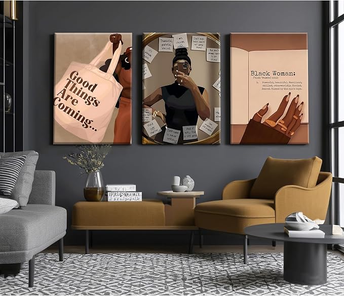 Black Girl Wall Art African American Woman Canvas Wall Decor Black Female Wall Art Fashion Women Poster Feminine Boho Pictures Abstract Paintings for Bedroom Bathroom 16x24x3 Inch Ready to Hang