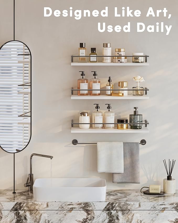 Onlysky Bathoom Shelves, Floaiting Shelves for Bathroom, Set of 3, Bathroom Shelf Wall Mounted (White Grey, 15.7 Inches, 3)