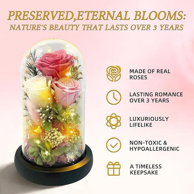 HipTree Preserved Pink Rose in Glass Dome with LED Lights - Forever Eternal Real Rose Gifts for Women, Valentines Day Mothers Day Birthday Christmas Gift Wedding Anniversary for Mom Wife Girlfriend