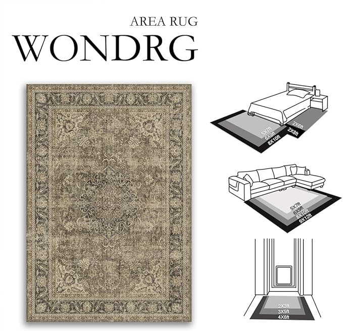 9x12 Washable Area Rug Brown Vintage Non Slip Soft Medium Pile Rug for Living Room Bedroom Dining Room Office Distressed Oriental Indoor Large Throw Carpet for Home Decor
