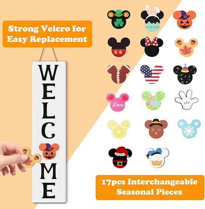 15.7'' Cute Mouse Seasonal Interchangeable Home Sign for Front Porch,18pcs Interchangeable Hanging Vertical Welcome Door Sign for Farmhouse/Wall/Porch Decor and Housewarming Gift