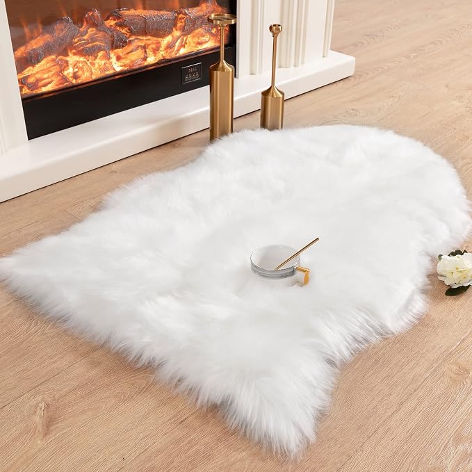 Carvapet Luxury White Faux Sheepskin Chair Cover Seat Cushion - 2x3ft Soft Plush Fur Desk Armchair Pad, Washable Shaggy Bedside Rug for Bedroom