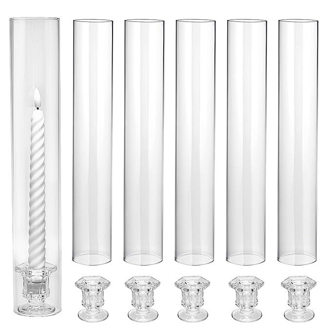 CHILL RECIPE Hurricane Glass Candle Holders-Set of 6 Tall Taper Candle Holder with 14” Tall Clear Cylinder Covers for Wedding Table Centerpiece Home Decor (Diamond Base+Clear Chimney)