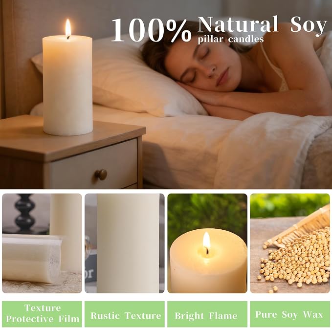 6 Pack Natural Ivory Soy Pillar Candles, 2.8x6 in Hand-Poured Unscented Soy Wax Candles, 540 H Burn Time, Non-Toxic, Smokeless Dripless Rustic Pillar Candle for Dinner, Wedding, Home, Bathroom