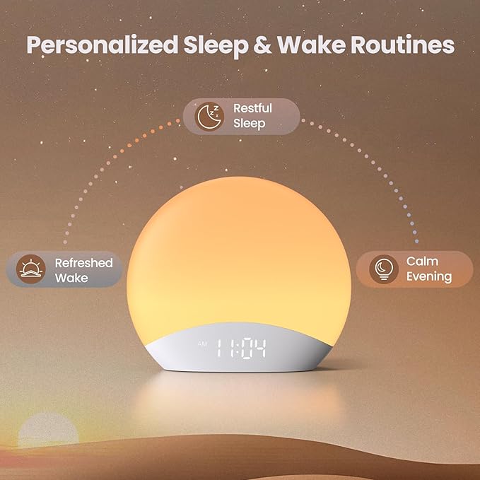 REACHER R7APP Smart Sunrise Alarm Clock with App Control, Custom Wake & Sleep Routines - Multi Sunrise Color, White Noise Sound Machine, Dimmable Display | Night Light, Screen-Free Sleep