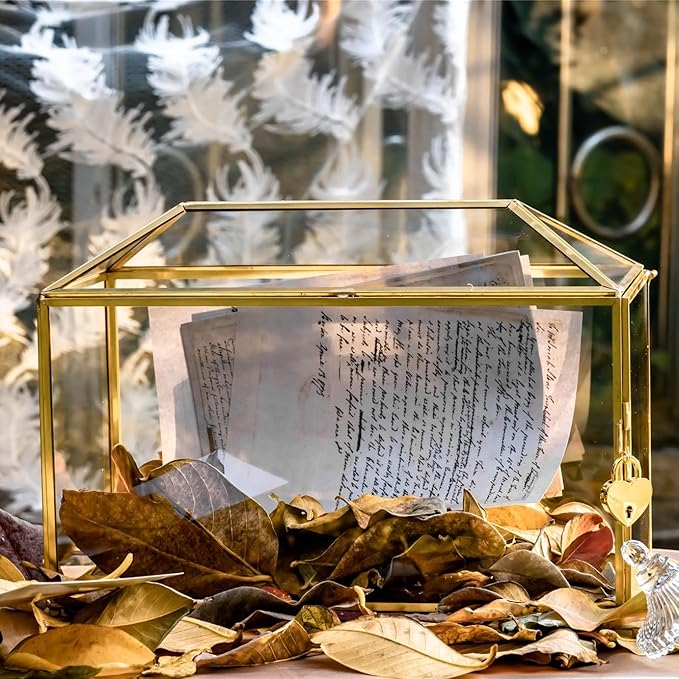 NCYP 12.6" x 5.9" x 9" Glass Wedding Cards Box with Slot and Lock for Party Reception, Centerpiece, Home Decorative, Gold (Glass Box Only) Slot Length 7.3 Inches