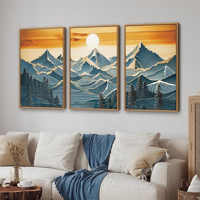 Tinonedraw Large Mountains Framed Canvas Wall Art Set of 3, Boho Nature Woodcut Forest Art Prints, Mid Century Modern Wall Decor, Sunset Landscape Art Paintings for Living Room Bedroom Office 16"x24"